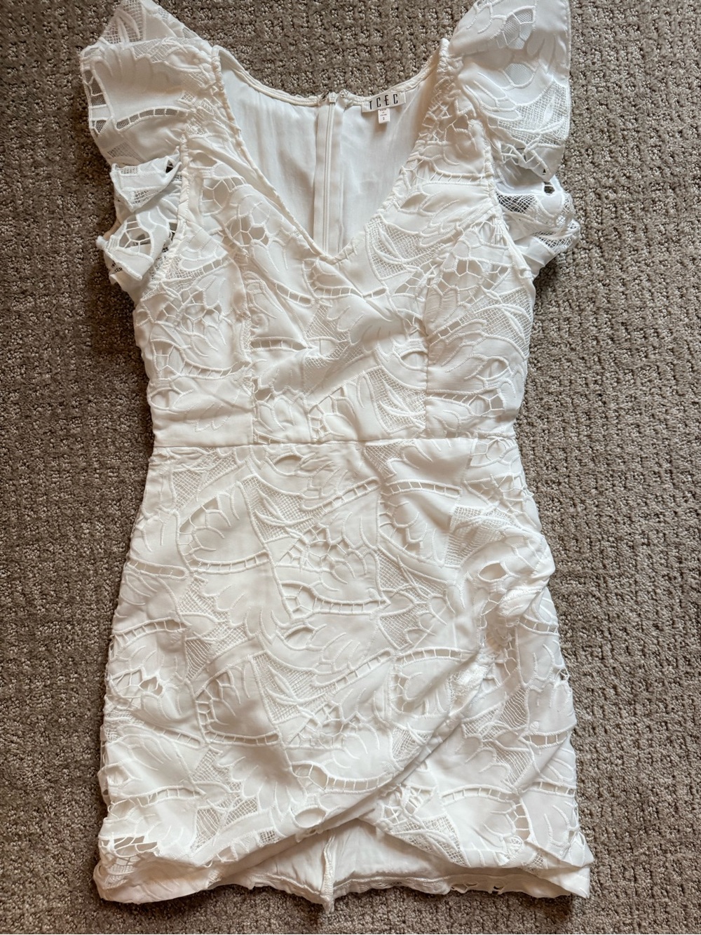 TCEC Ivory Lace Romper | Size Small | Ruffle Sleeve | Faux Wrap